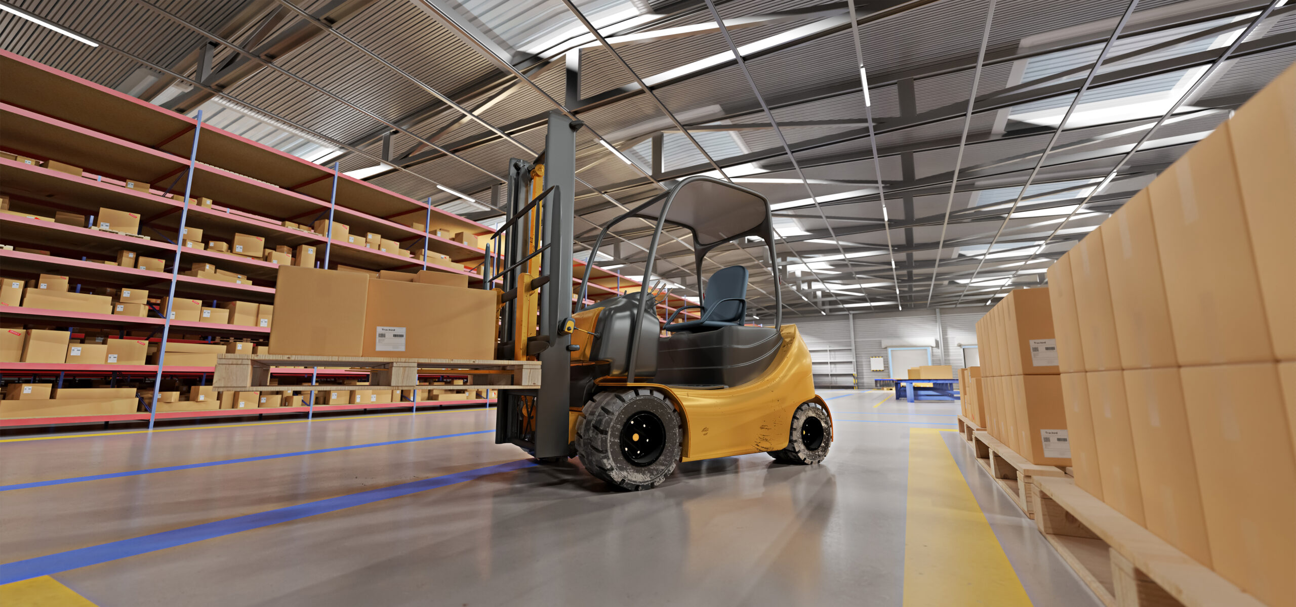Warehouse goods stock background 3d rendering scaled | forklift truck